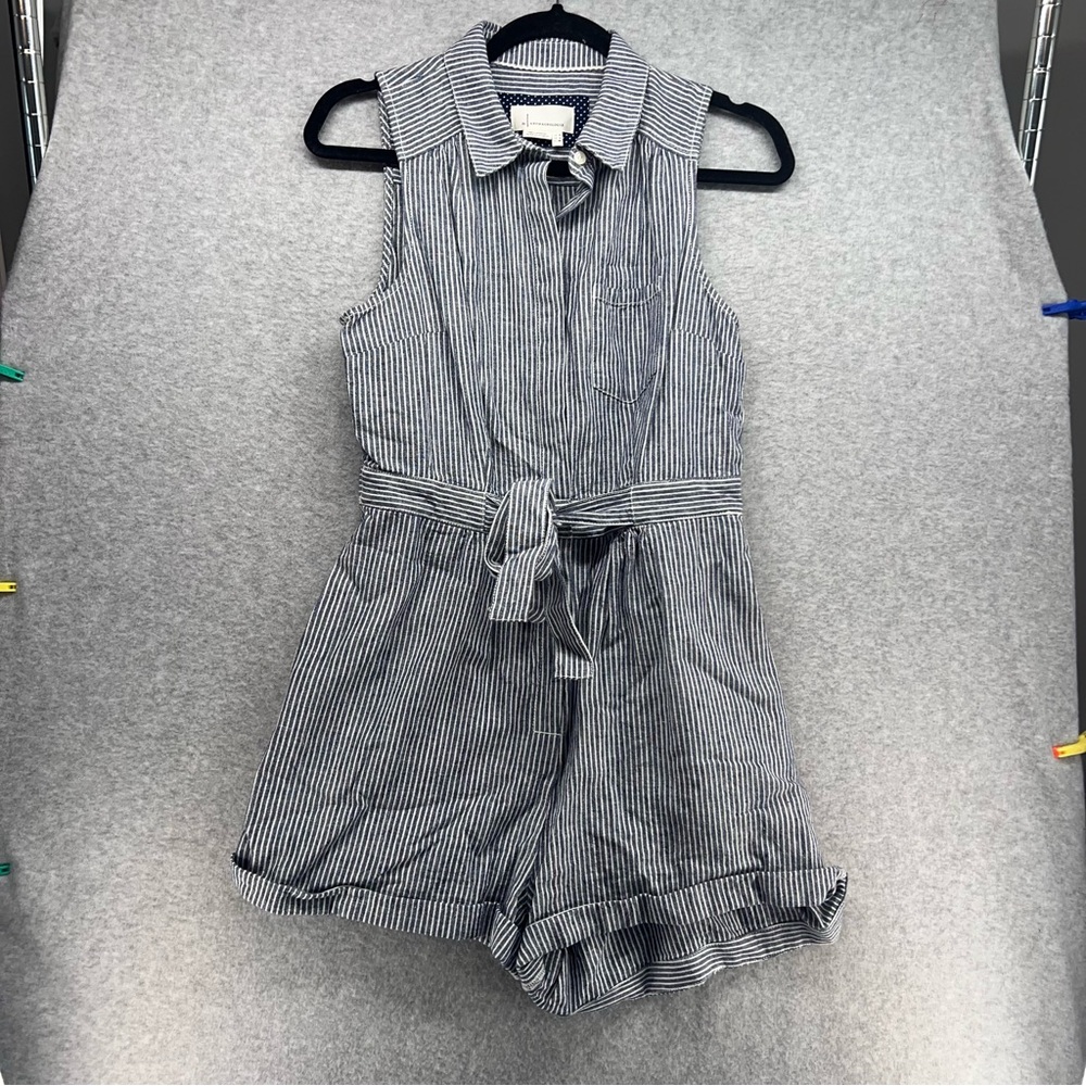 Anthropologie Navy and White Striped Sleeveless Linen Romper